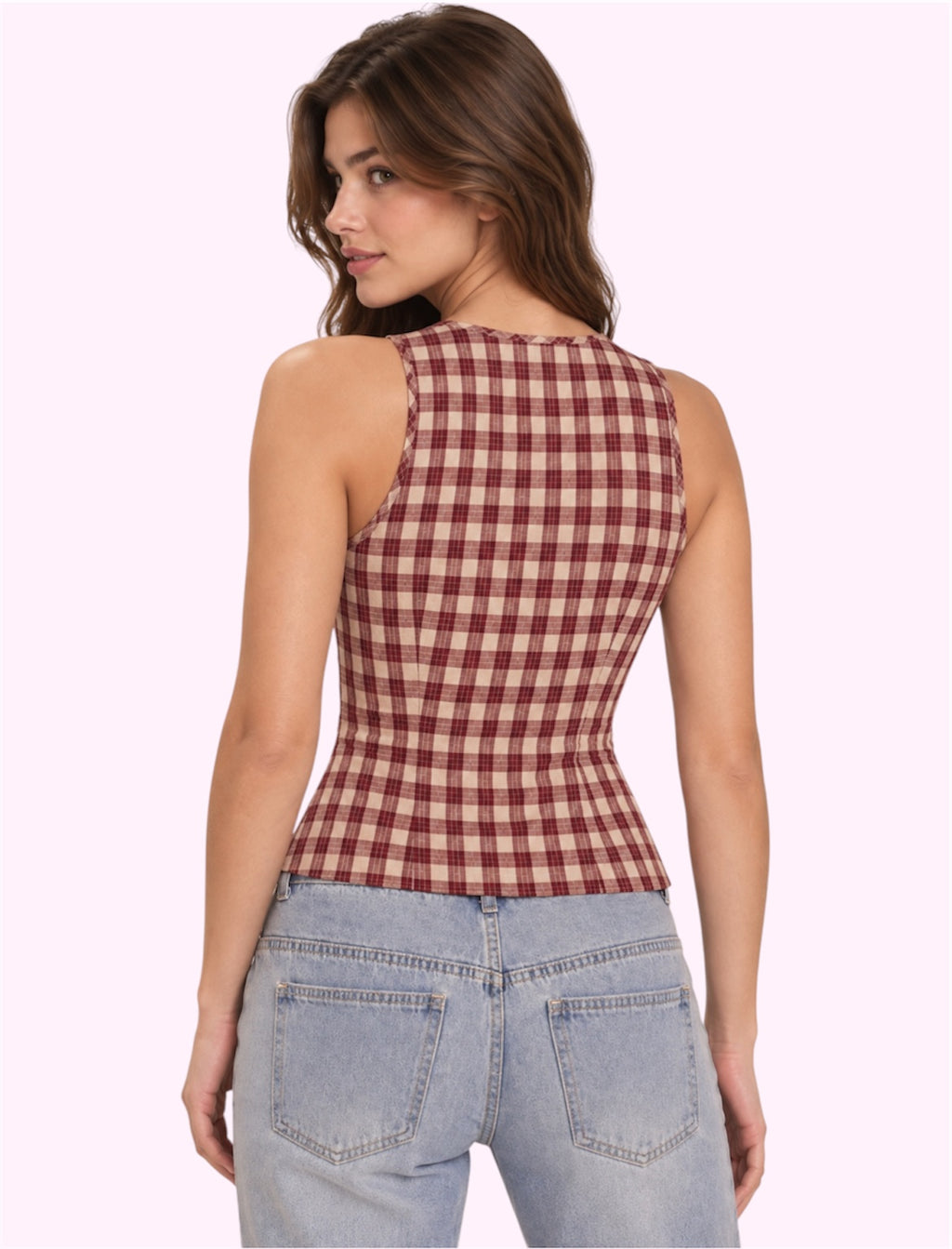 Blusa roja de cuadros con moño