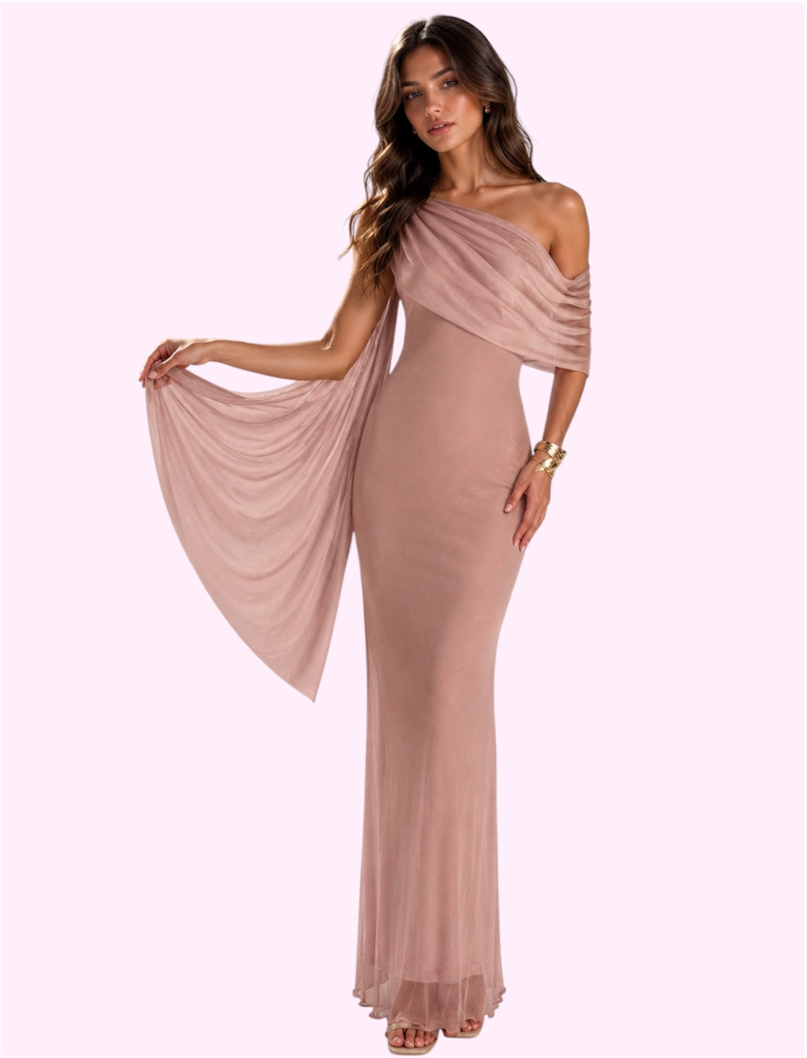 Vestido largo hombro tira rosa