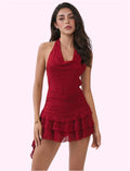 Vestido escote encaje guindo
