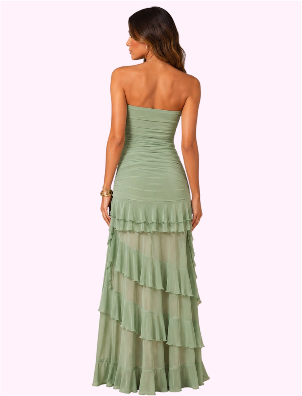Vestido largo strapless verde con olanes