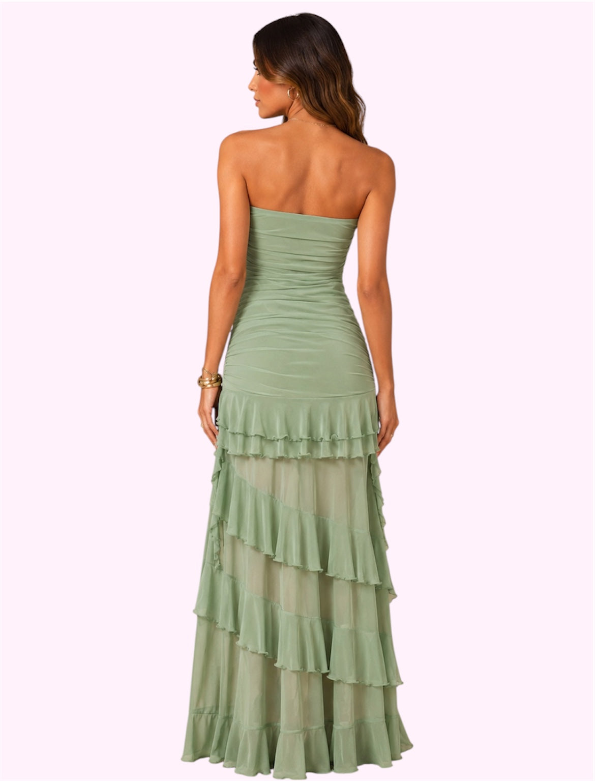 Vestido largo strapless verde con olanes