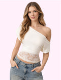 Blusa hombro caido encaje beige