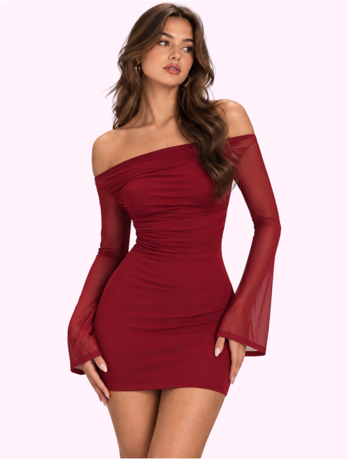 Vestido de manga larga mesh rojo